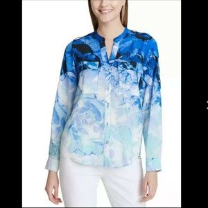 Calvin Klein Blue Floral Button-Down Ombré Blouse